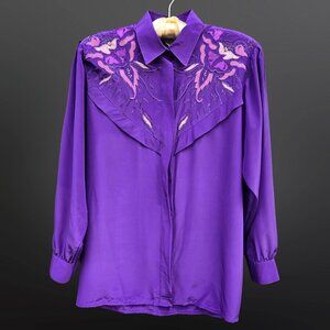 Vintage 80s Blouse Womens size S Purple Beaded Embroidered Oversized Shirt
